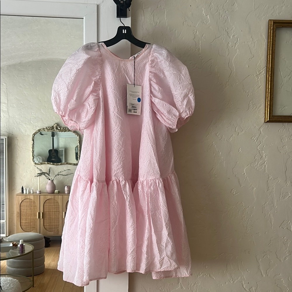 Cecilie Bahnsen Pale Pink Textured Puff Sleeve Dress Alexa Floral Matelassé
